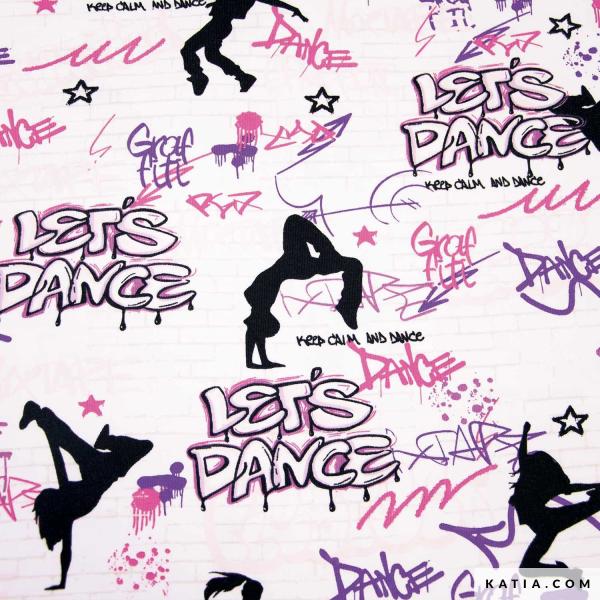 Baumwolljersey mit Let´s Dance Motiven in Rosa/Lila/Schwarz auf Weiß